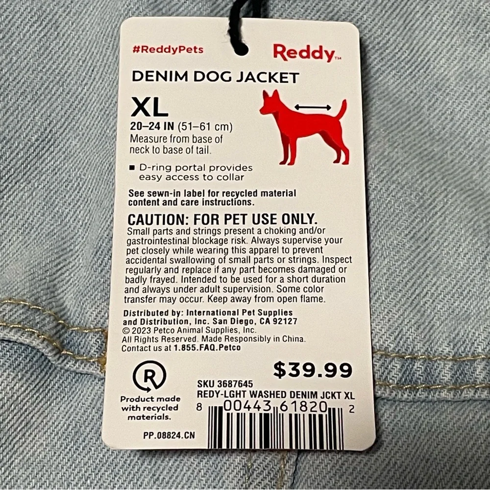 NWT Reddy Denim Dog Jacket - Light Wash, XL